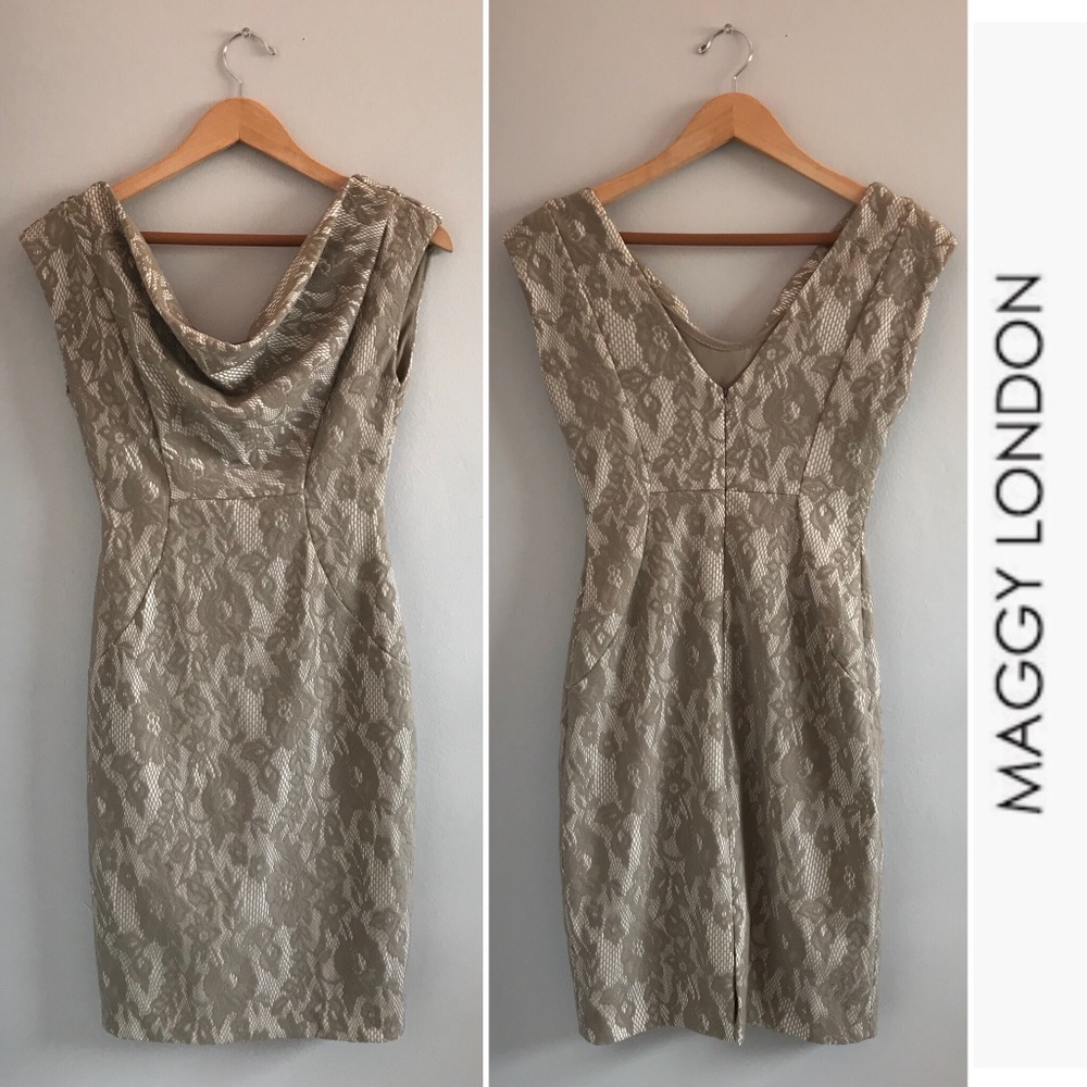 Maggy London Petite Sheath Lace Dress in Taupe • 4P